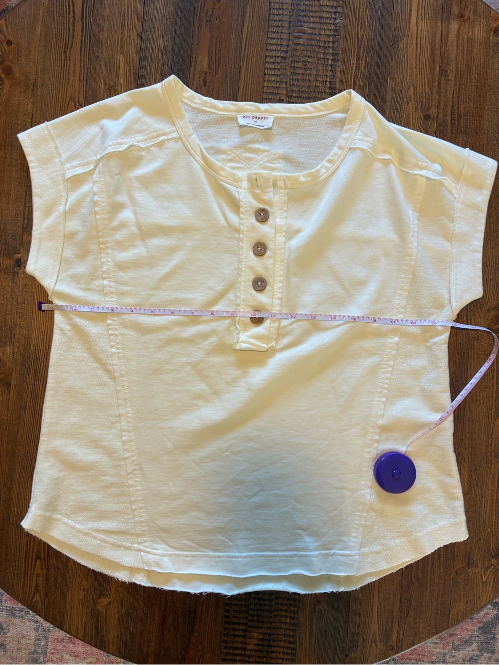 Blu Pepper Cream Short Sleeve Henley with Wood Buttons